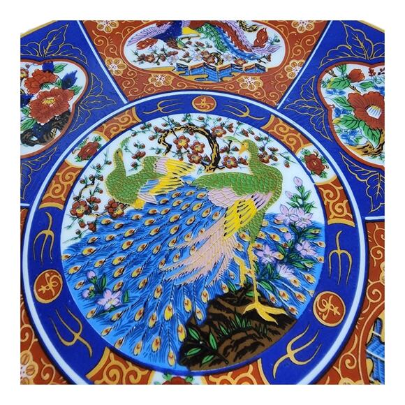 Asian Chinese Arita 8.5" Charger Plate Lmari Style Red Blue Peacock Porcelain - Picture 2 of 8